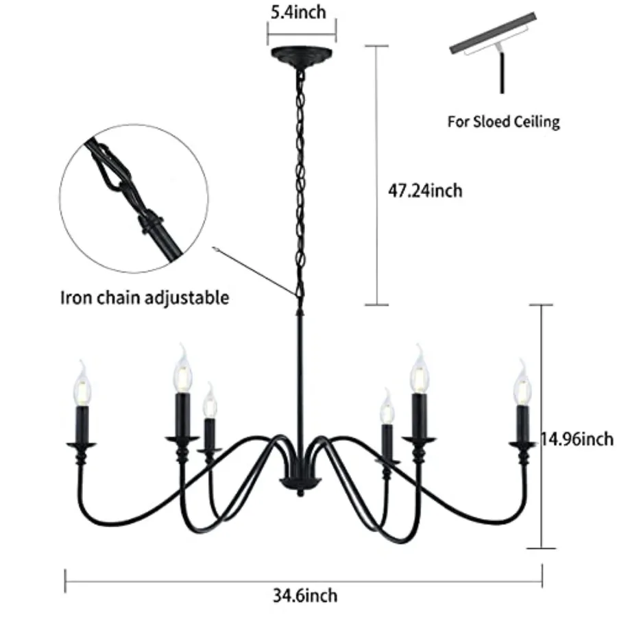 Black Chandelier, 6-Light Rustic Industrial Iron Chandeliers for Dining Room Lighting Fixtures Hanging, Candle Hanging Hallway,