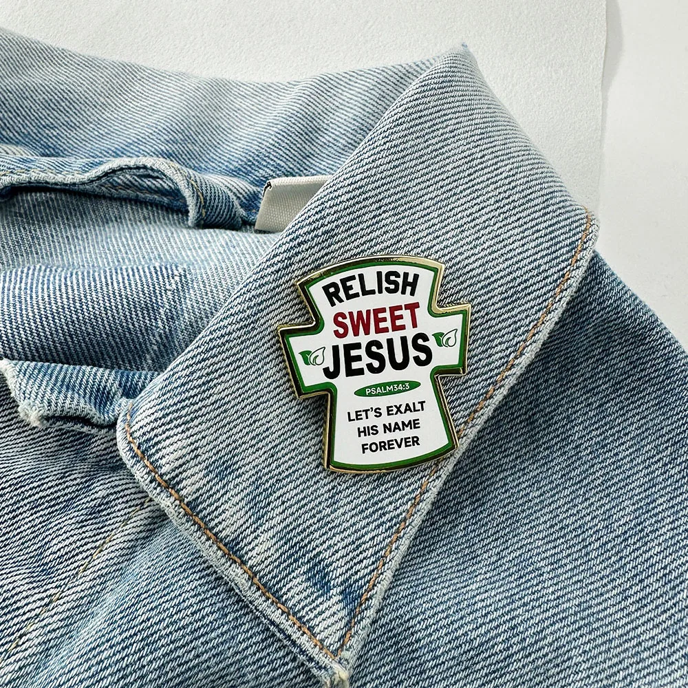 Relish Sweet Jesus Christ Cross Enamel Pin Psalm 34:3 Scripture Brooch Backpack & Jacket Christian Jewelry Accessory Faith Gift