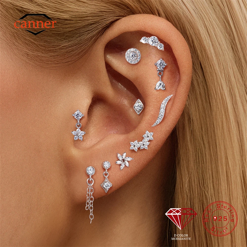 CANNER 1PC Geometric S-shaped Line Moissanite 925 Sterling Silver Flat Head Ear Bone Earring For Women Classic Earring Jewelry