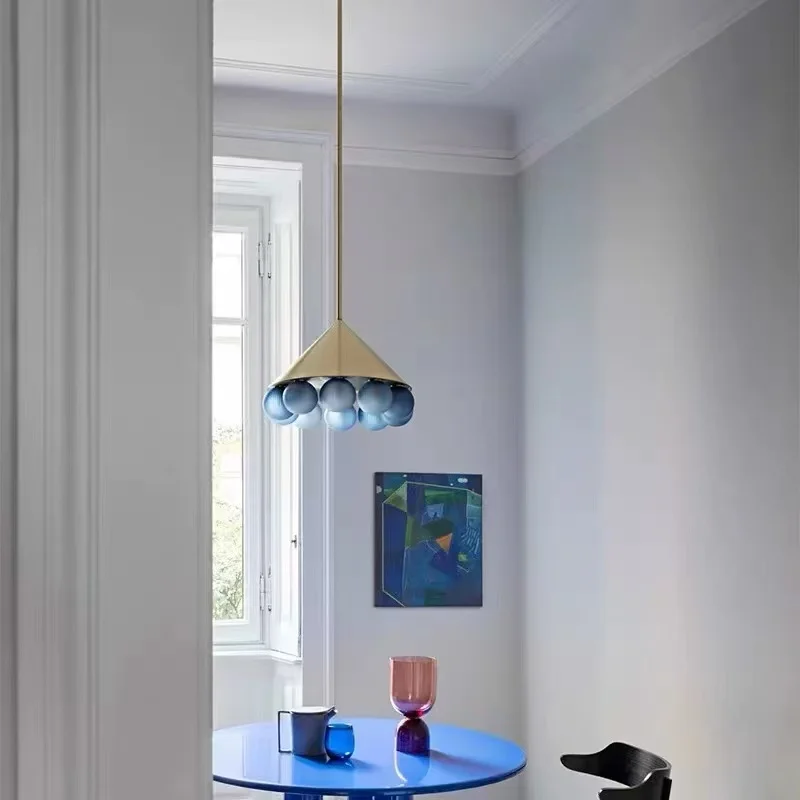 

Postmodern designer light Steel blue Lampshade Magic bean Glass LED chandelier, Ceiling lustre for Kitchen Island Decoration