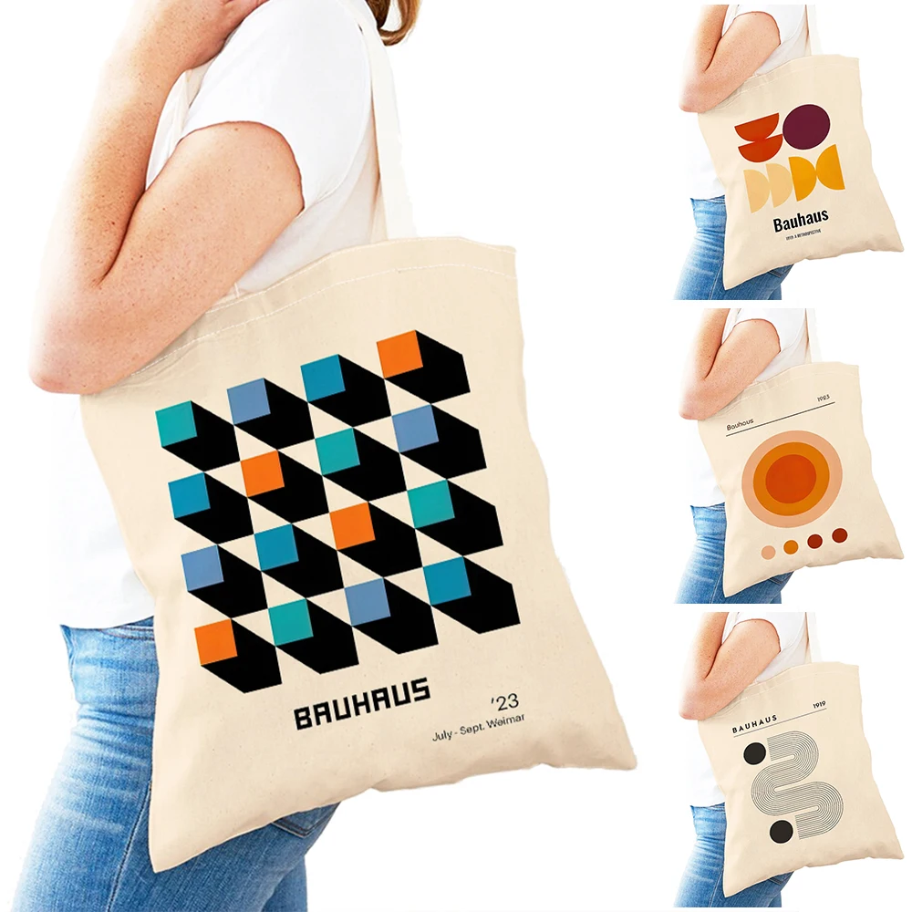 

Boho Abstract Reusable Lady Shopping Bags Pink Orange Bauhaus Art Girl Shoulder Tote Handbag Casual Geometric Women Shopper Bag