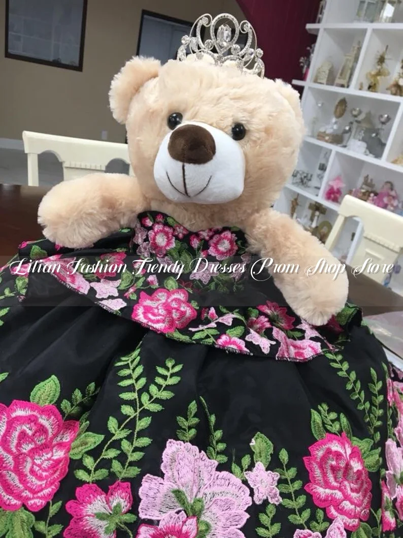 Mexico Charro Quinceanera Teddy Bear Dress Black 3D Floral Embroidery Ruffle Poncho Customised