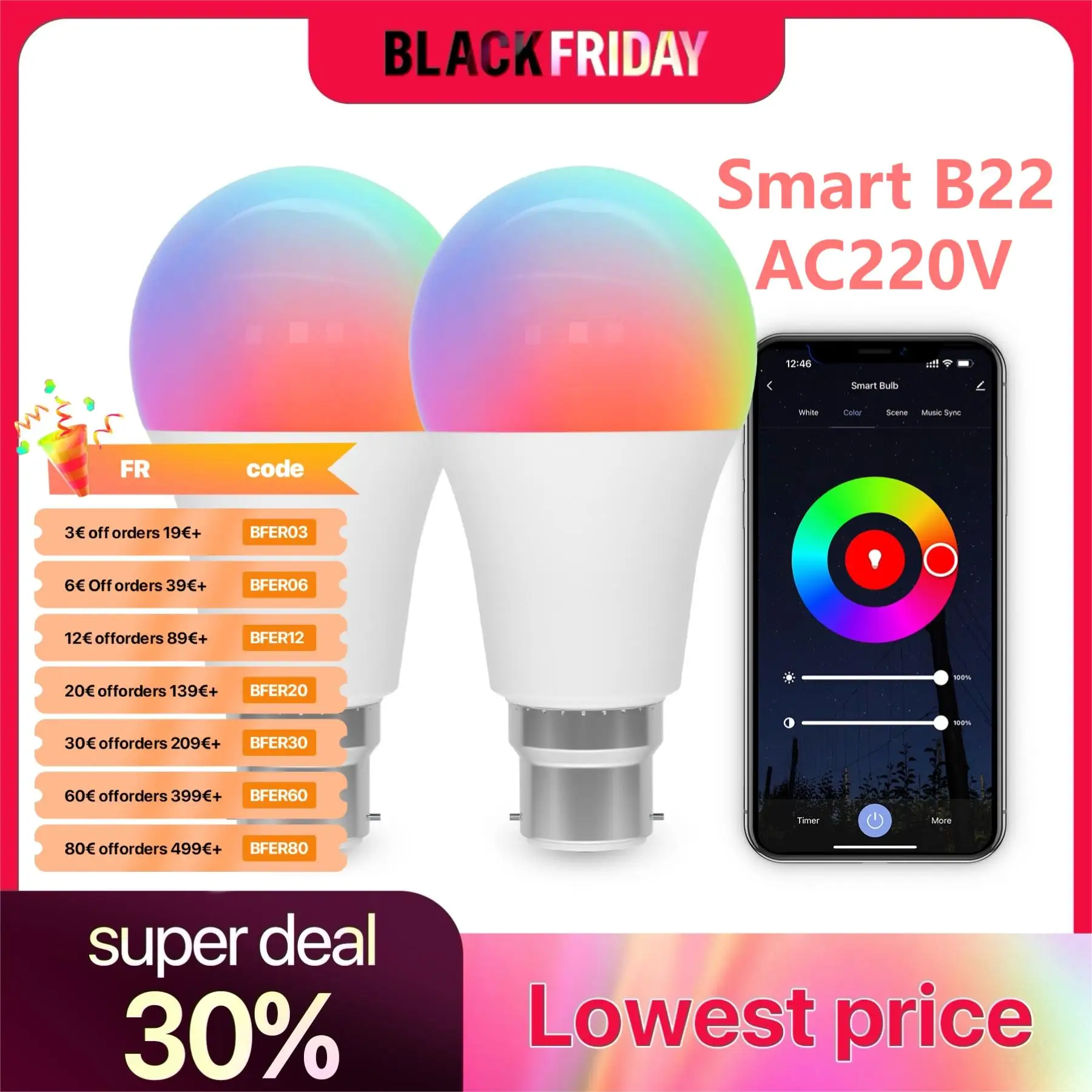 B22 Smart Light Bulb Wifi RGBCW Dimmable 9W Works With Alexa Google Assistant SmartThings Home 2700K-6500K LED Light Bulb 2PCS