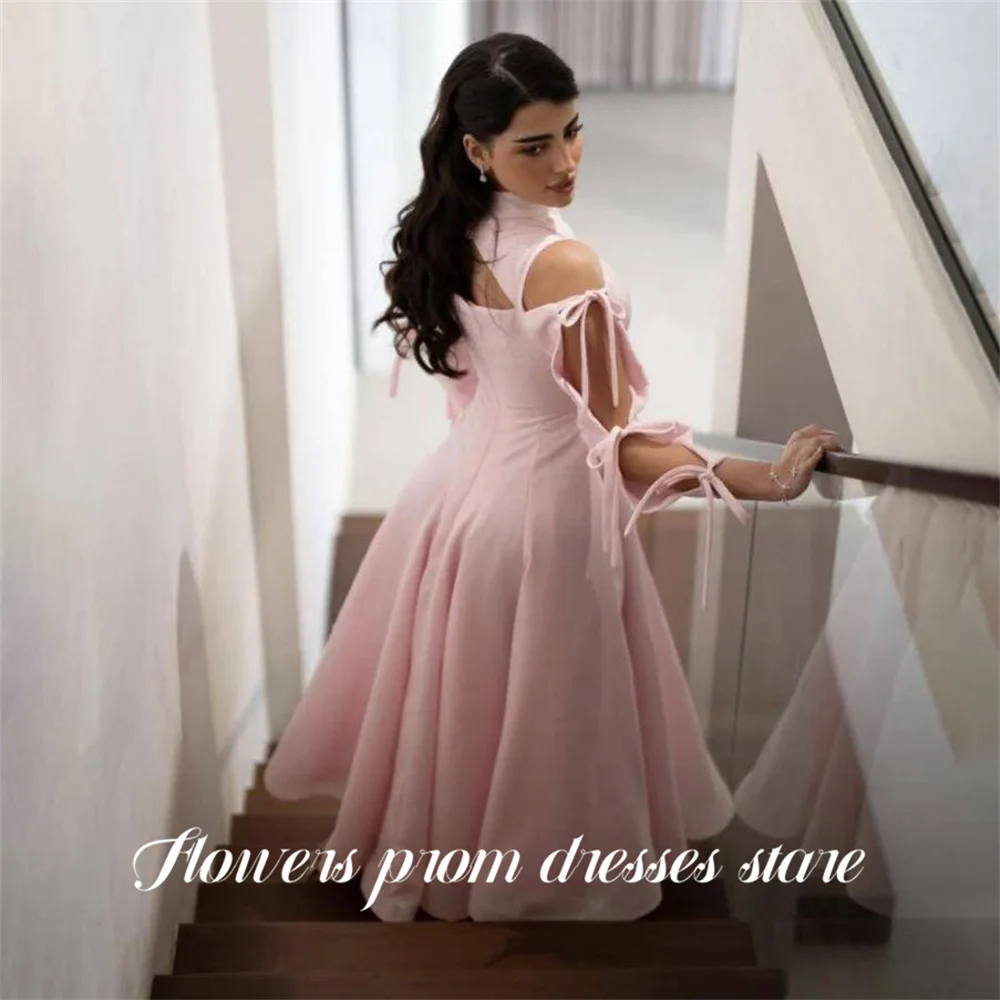 

Flowers Pink Evening Dress High Neck Off Shoulder Prom Dresses with Bow Party Dresses Cut Out Gala Dress for Women Customized