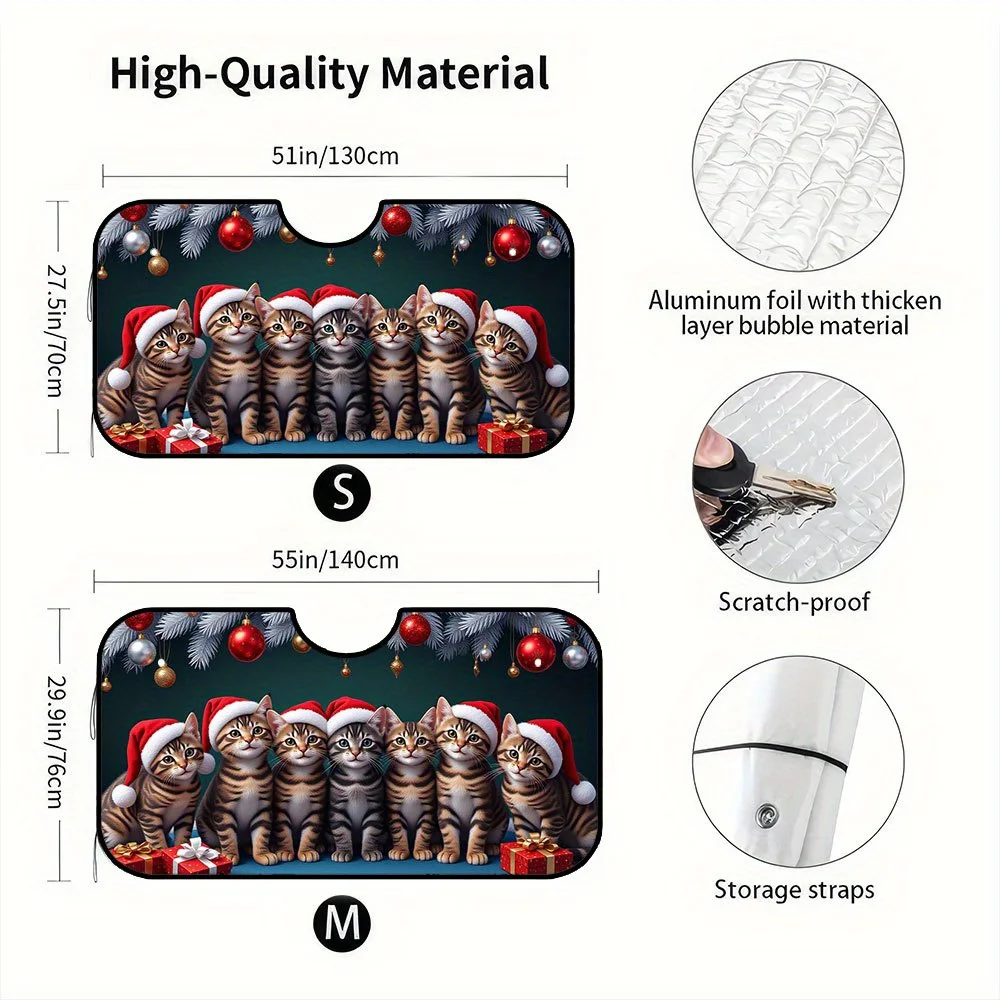 1pc Festive Christmas Cats Car Windshield Visor - Cute Kitten Holiday Art Pattern, Foldable Front Sunshade Cover With Santa Hats