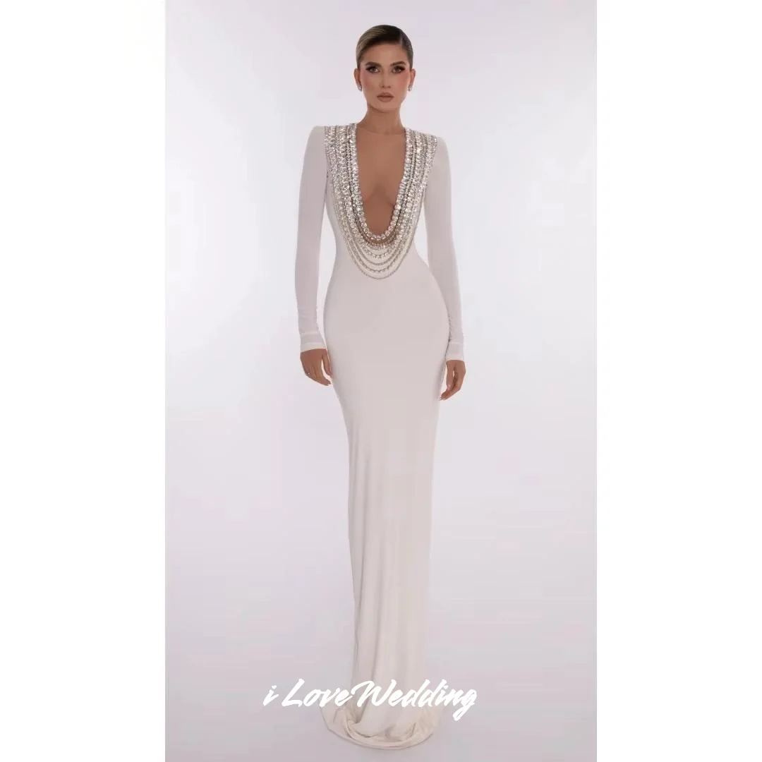 

Белое вечернее платье русалки с глубоким v-образным вырезом и длинными рукавами, блестящее, расшитое бисером, с разрезом, вечернее платье длиной до пола, плиссированное вечернее платье по индивидуальному заказу