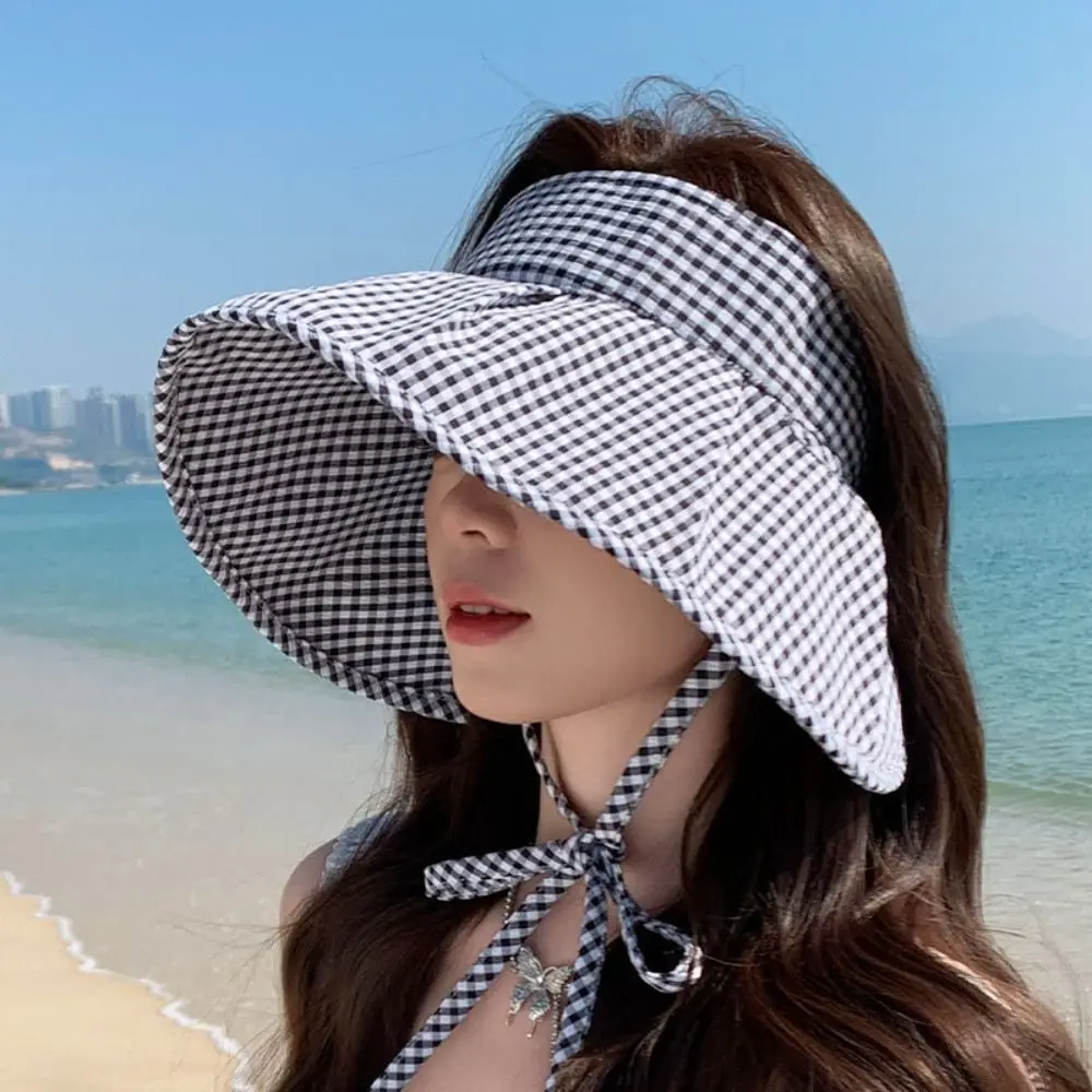 

Plaid Print Large Brim Sun Hat Breathable Pastoral Style Sun Protection Hats Korean Style Anti-UV Summer Fisherman Cap Travel
