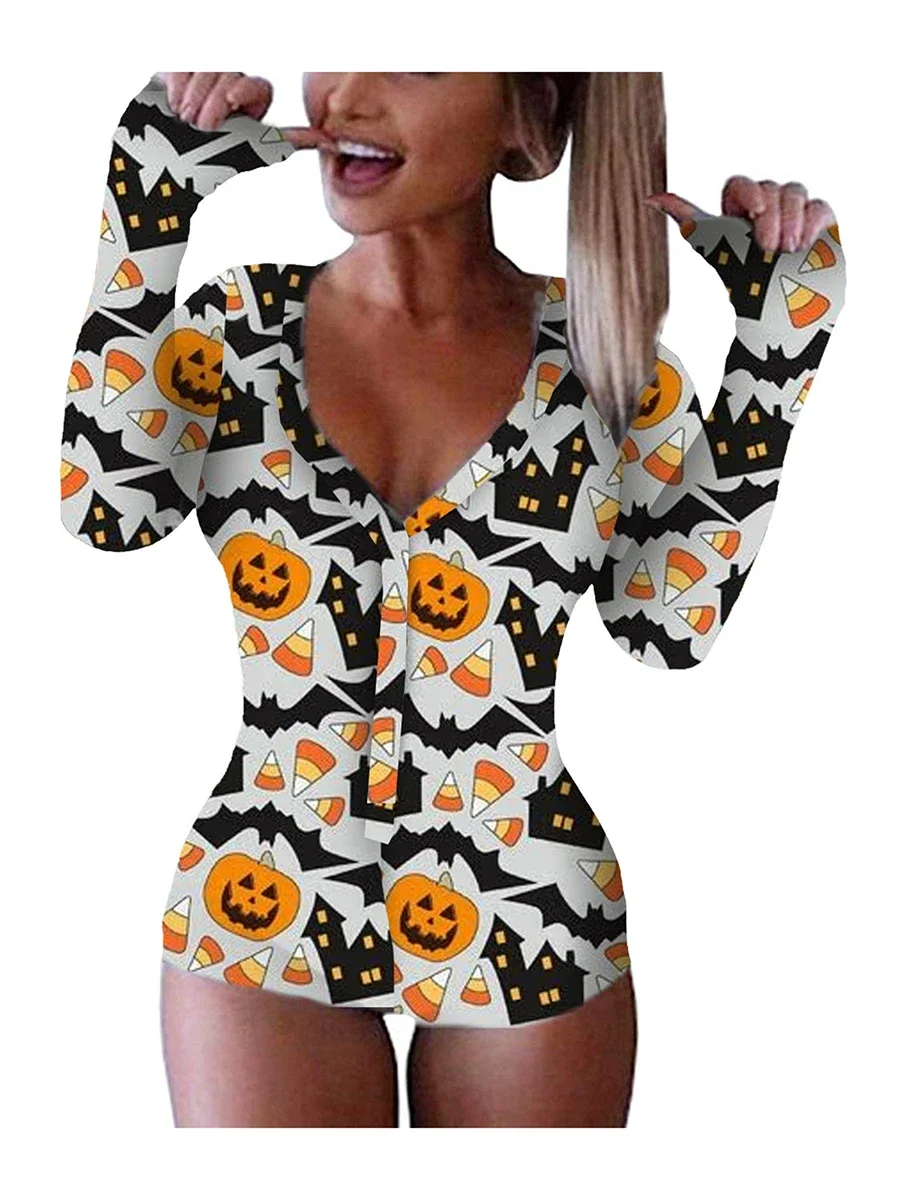 Women Halloween Bodysuit Tight Fitted Pumpkin Print V Neck Button Down Long Sleeve T-Shirt Jumpsuit for Party Club