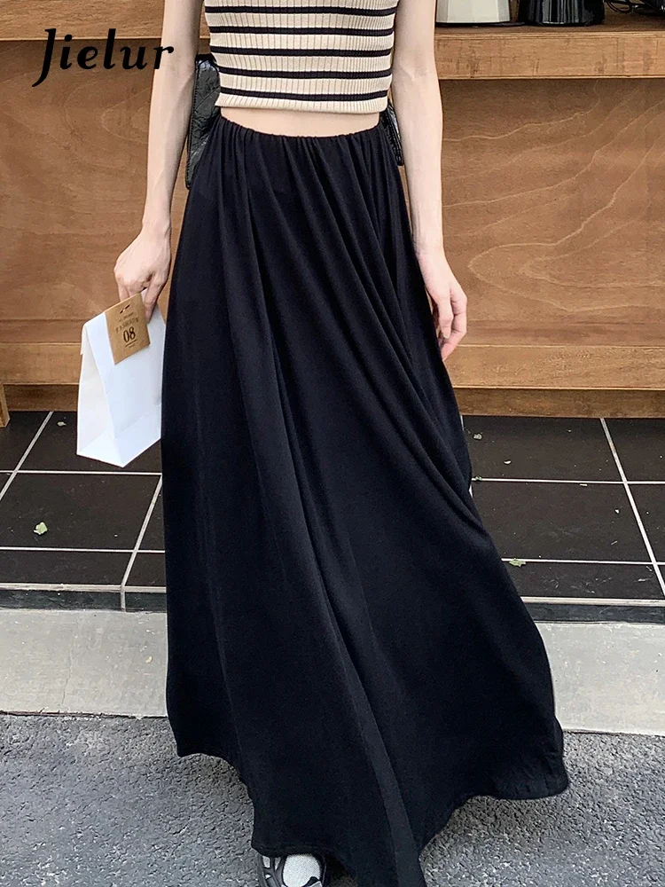 Jielur New Simple Loose A-line Floor Mopping Skirt Women Spring Korean Fashion Elastic Waist High Waist Pleated Long Skirts