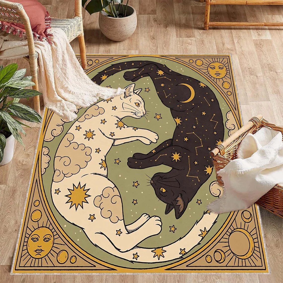 

Ying Yang Cat Pattern Machine Washable Rug, Cat Non-Slip Living Room Mat, Cat Prints Carpet Cat Lover Rug, Boho Rug