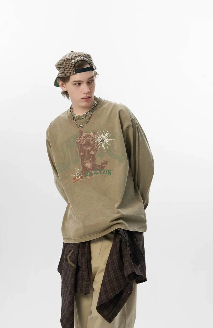 2026 Spring Autumn Men's American Retro Black Khaki Bulldog Letter Print Washed Loose Casual Round Neck Long Sleeve T-Shirt