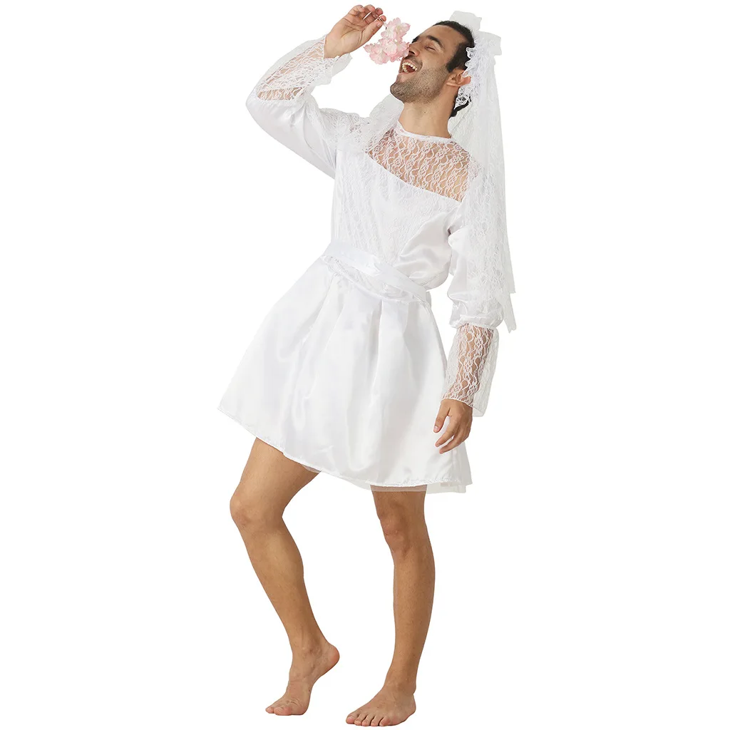 Funny Male White Bride Costume Men's Wedding Dress Novelty Fancy Dress Stag Do Hen Night Party Outift (One Size, White)