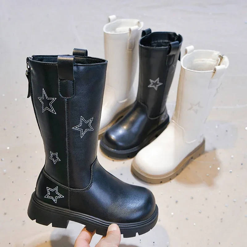 Kids Girls Star Embroidery Tall Boots Back Zipper Thick Platform Non‑Slip Fleece‑Lined Winter Boots