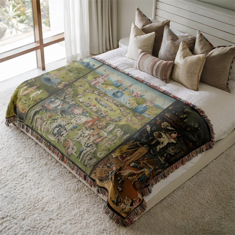 Aertemisi The Garden of Earthly Delights Jacquard Fringed Woven Throw Blanket with Tassel