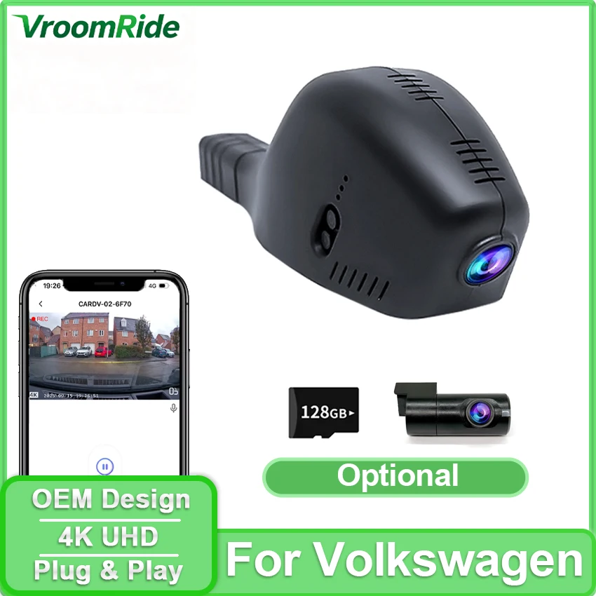 4K Dash Cam for VW Volkswagen Tiguan MK2 2016-2024/ TYRON X 2023 / UP, e-Up 2019-2025, WIFI&APP Night Vision, Plug And Play