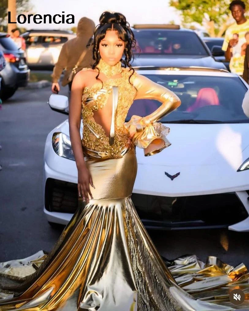 Customized Gold Prom Dress For Black Girls Crystal Lace Mermaid Birthday Party Gowns Rhinestones Long Birthday Outfit YPD166