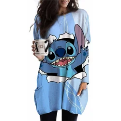 Spring Disney Lilo&Stitch Long Sleeve Round Neck T-shirt with Pocket Length T Women's Autumn Clothing Casual Loose Home