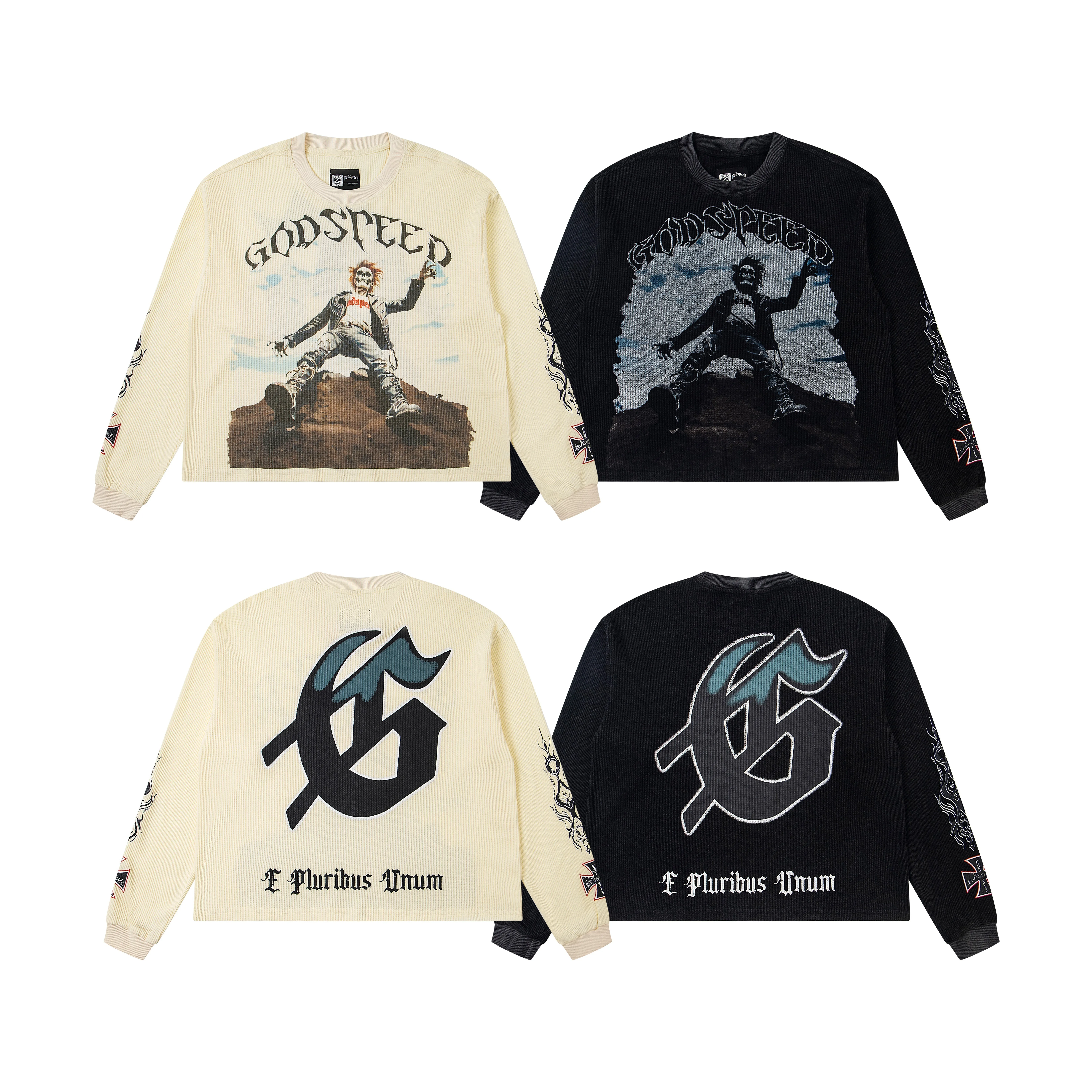 Godspeed Skeleton Man Ins Printed Casual Loose Long Sleeve Cotton T-Shirt Unisex Streetwear Citywalk Daily Wear Vintage Pattern