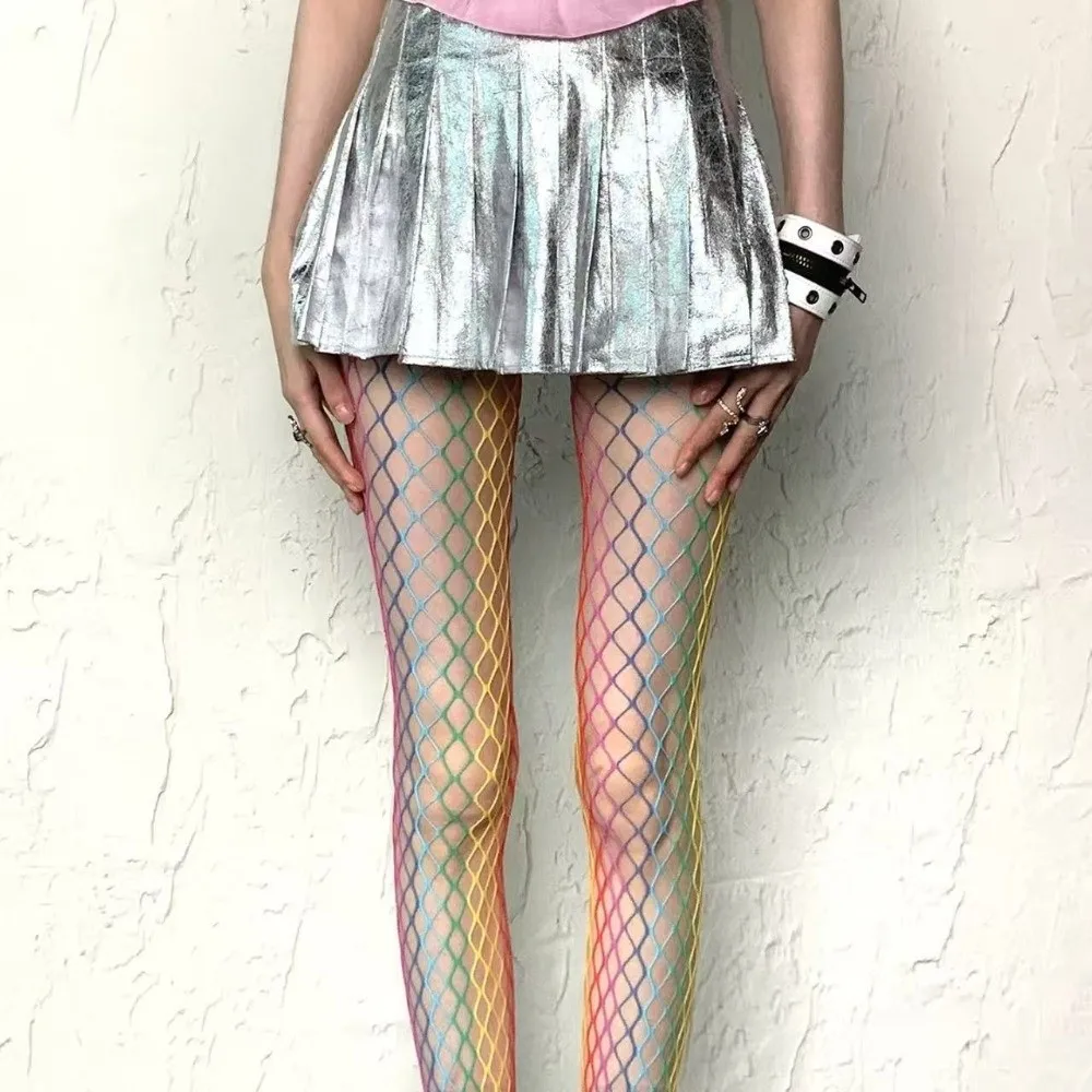 Cool Y2K Rainbow Fishnet Stockings Dopamine Colorful See-through Tights Hot Girl Style Stretch Hollowed Out Pantyhose Dance