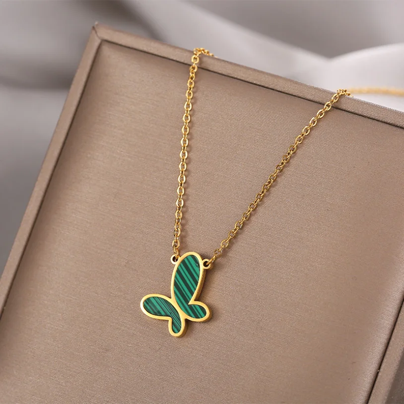 316L Stainless Steel Fashion Upscale Jewelry Minimalism Green Butterfly Shape Charms Chain Choker Necklaces & Pendants For Women