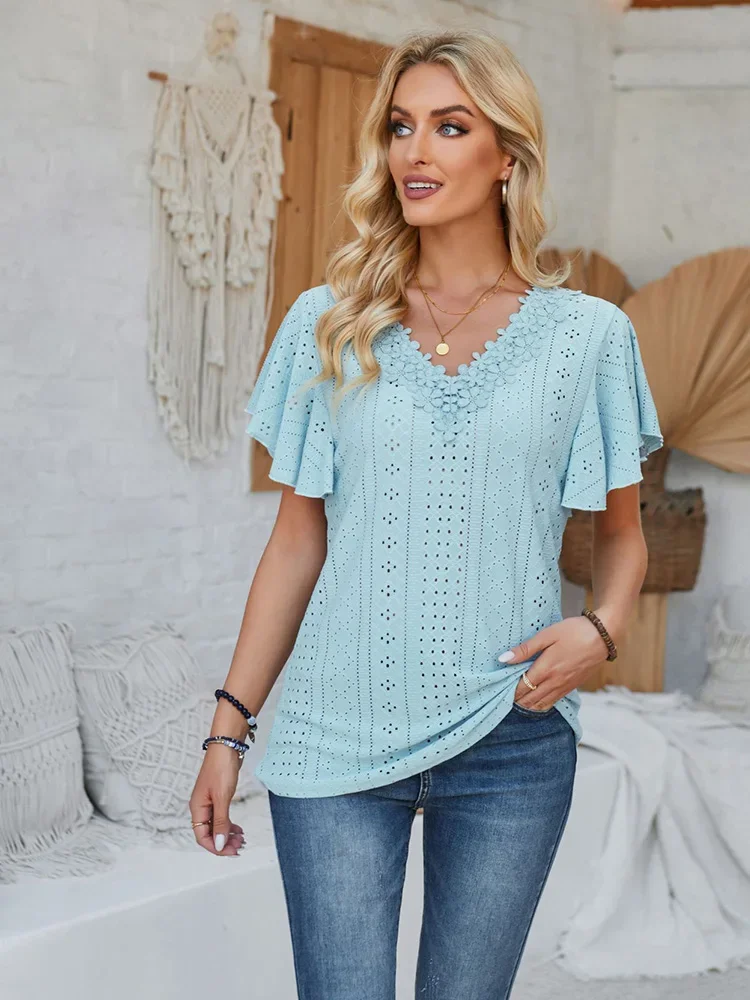 

Women Summer Trendy Ruffle V Neck Short Sleeve Elegant Basic T Shirt Casual Streetwear Solid Loose Cotton Tops Y2K Ropa De Mujer