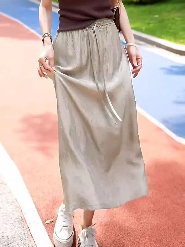 

Acetate Satin High Waist A-Line Midi Skirt Women's Summer 2025 New Straight Cut Small Size Long Skirt Commute Korean Sle