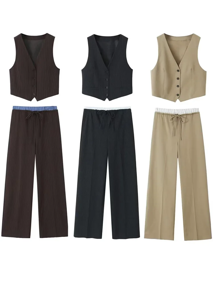 Willshela Women Fashion Two Piece Set Khaki Tank Tops & Straight Leg Pants Vintage V-Neck Single Breasted Female Chic Pants Suit