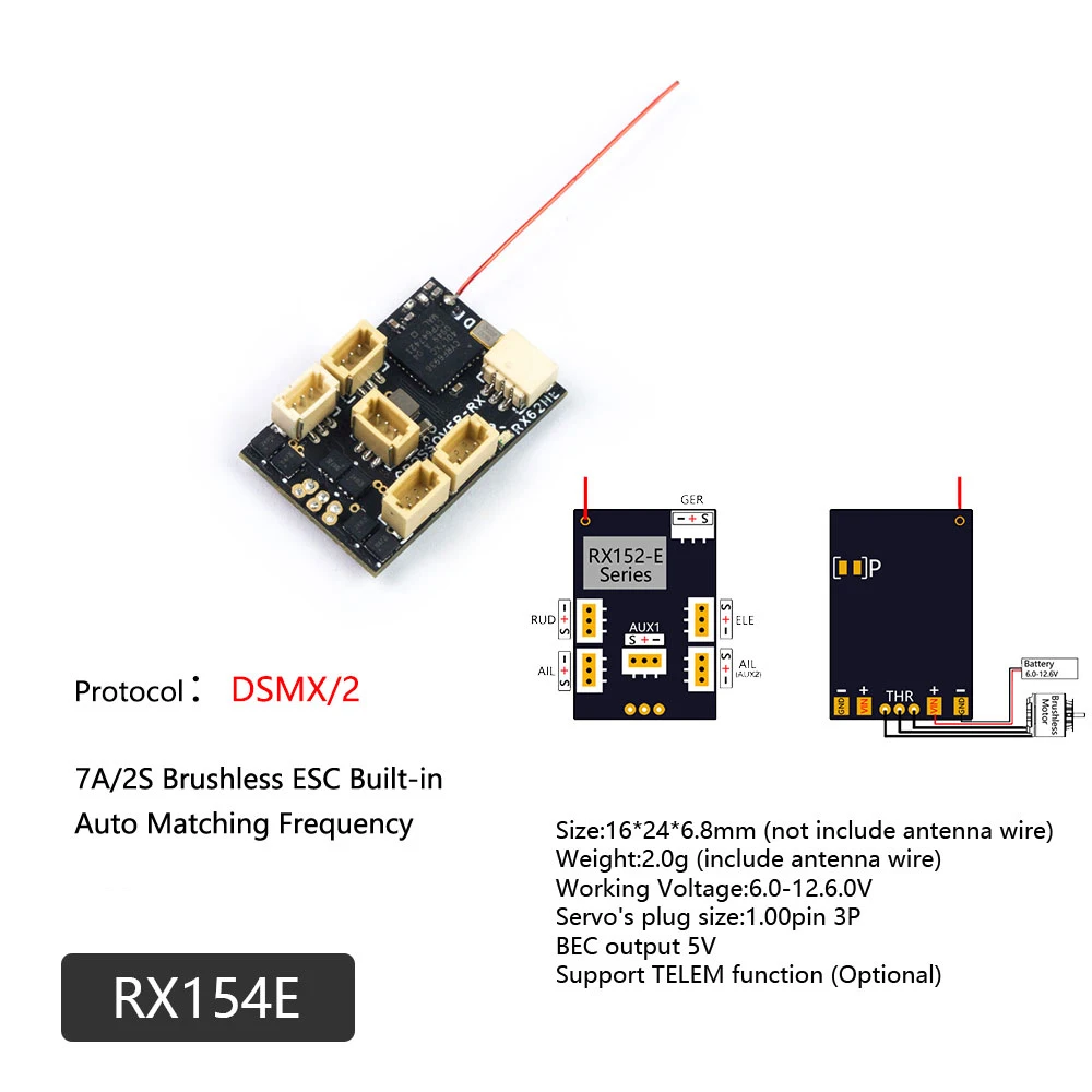 DW Hobby RX15X-E Serie Mini Micro RX 7CH Empfänger Integrierter 2S 7A Bürstenloser Regler mit TELEM 1,00-Pin-Anschlussstecker S-FHSS DMS2