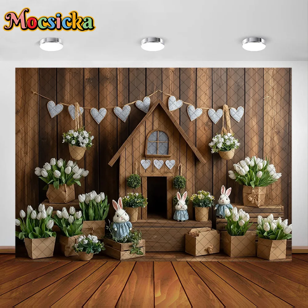 Mocsicka Photography Backdrop Cute Bunny Wooden Room Decoration Newborn Easter Party Portrait Backgrounds For Photographs
