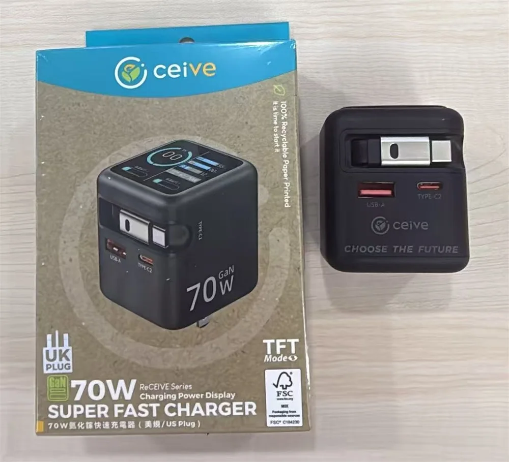 PD3.0 Multi-device Fast Charging 70W GaN Fast Charger With Type-C Retractable Cable All Smart Matching  All-around Protection