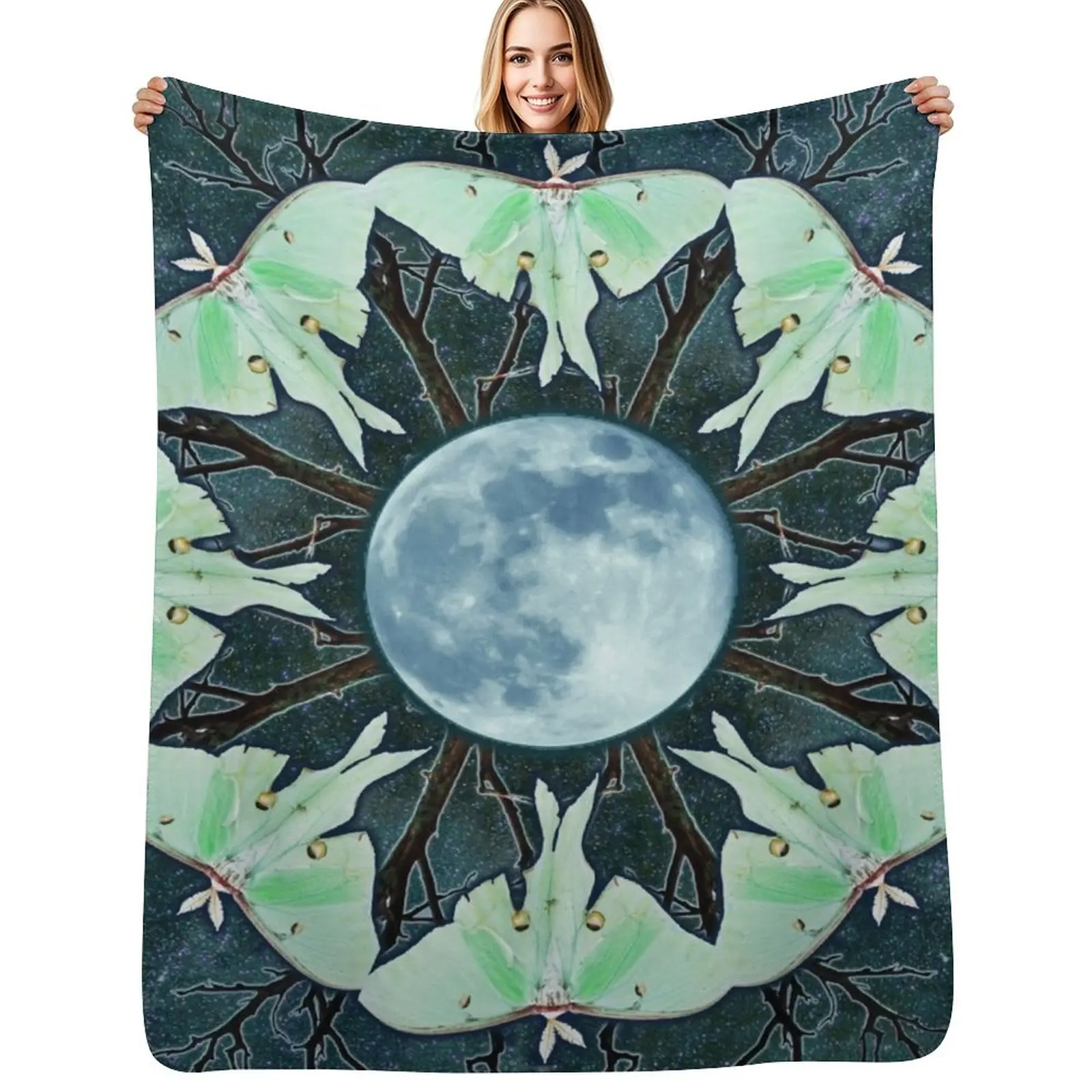 Luna Moth and Full Moon Mandala Throw Blanket Luxury Thicken Furrys Soft Multi-Purpose Quilt Kid'S Blankets
