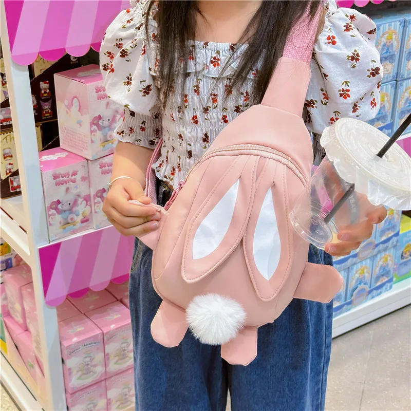 Children's Bunny Chest Bag Girl Travel Crossbody Bag Nylon Fabric Cute Ears Cartoon Kindergarten Canvas Bag Class Water Cup Bag