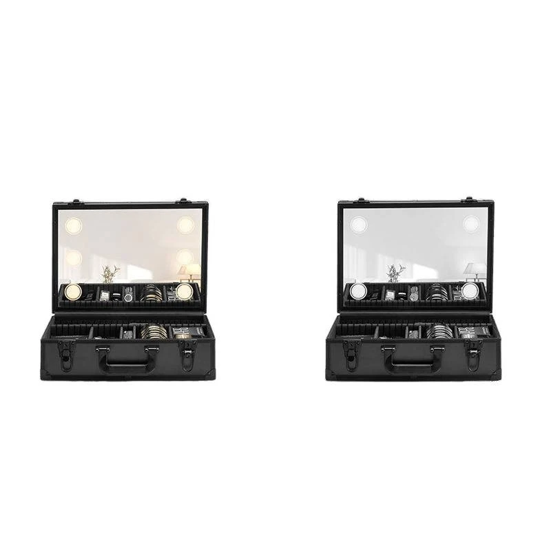 

With lamp with mirror cosmetic case large capacity portable cosmetics skin care product storage box and makeup toolbox