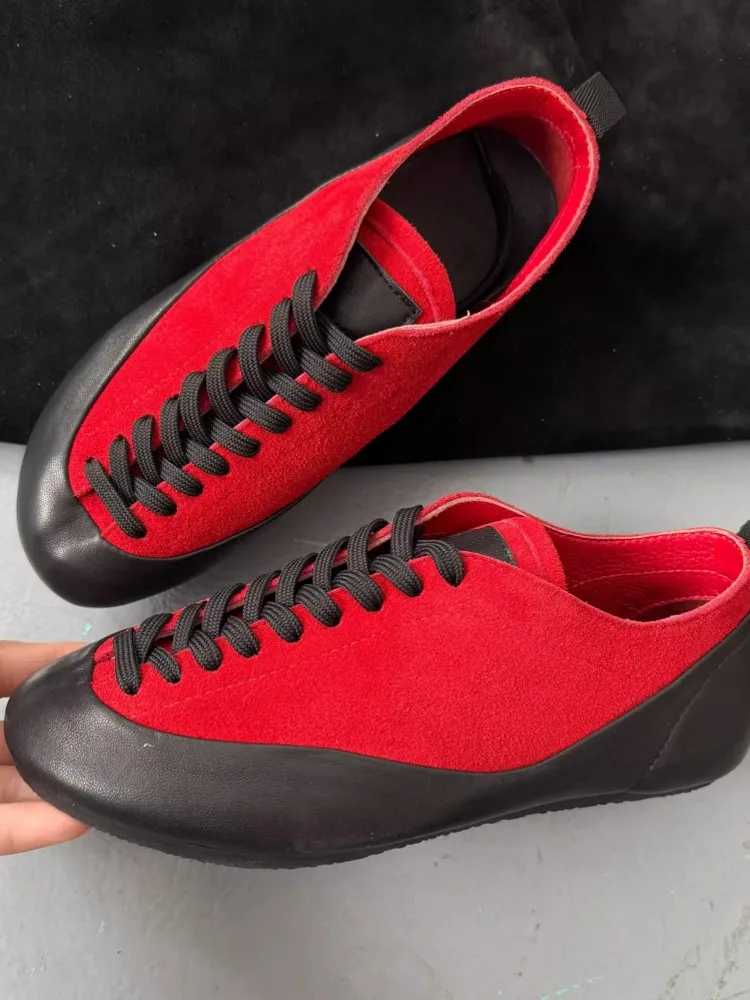 النساء في الهواء الطلق جلد طبيعي احذية الجري الدانتيل قطع الدانتيل يصل الشقق الركض أحذية رياضية مختلط الألوان تقسم جلد الغزال المدربين #5