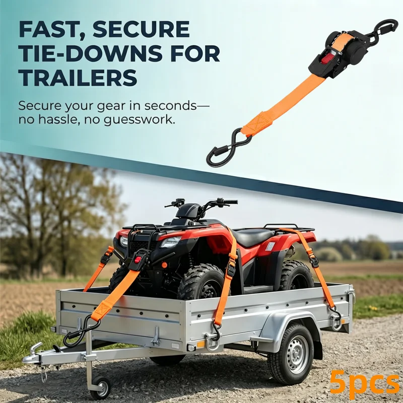 5-Piece Set of Retractable Automatic Ratchet Straps: Heavy-Duty Webbing for High Load Capacity, Ideal for Securing Heavy Cargo