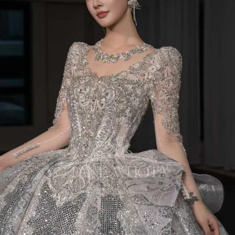 Sexy O-Neck Long Sleeve Wedding Dress Beaded Sequined Crystal Customized Robe De Mariée