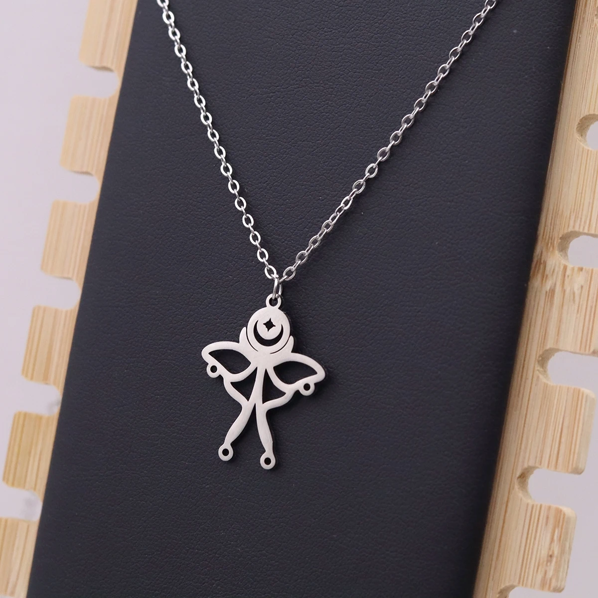 Kinitial Luna Moth Moon Star Necklace For Women Stainless Steel Gothic Butterfly Insect Chain Jewelry colar