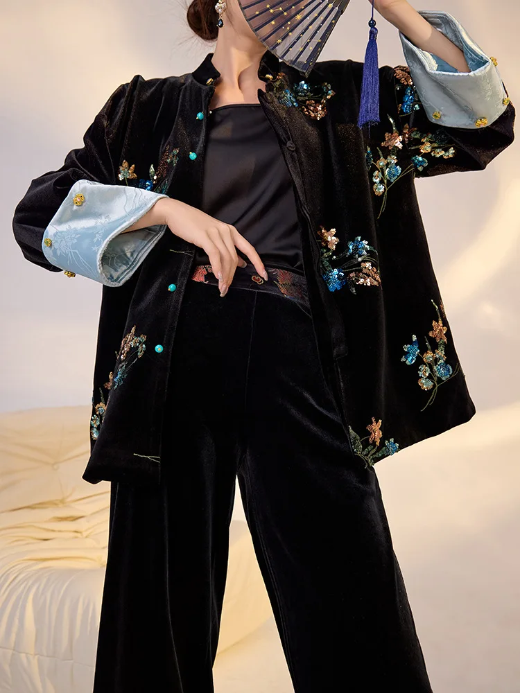 New Chinese Kimono Cardigan Yukata Haori Embroidery Flower Sequins Outwear Vintage Classic Female Hanfu Jacket Luxury Streetwear