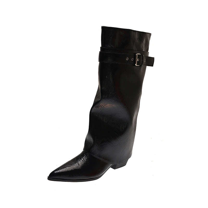 Women Pointed Toe Mid‑Calf Boots Faux Leather Shoes Fold Over Pants‑design Buckle Strap Heel 2026 Fashion Winter Western Boots