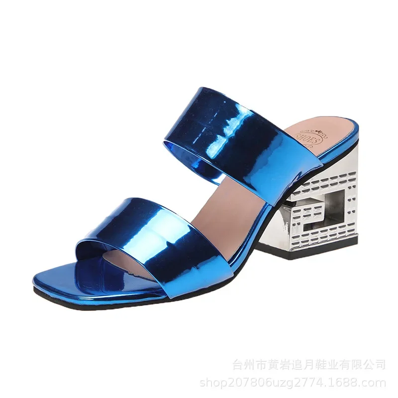 Women Fashion Patent Leather Sandals 2024 Summer Thick High Heels Slippers Woman Outdoor Solid Color Slip on Beach Flip Flops