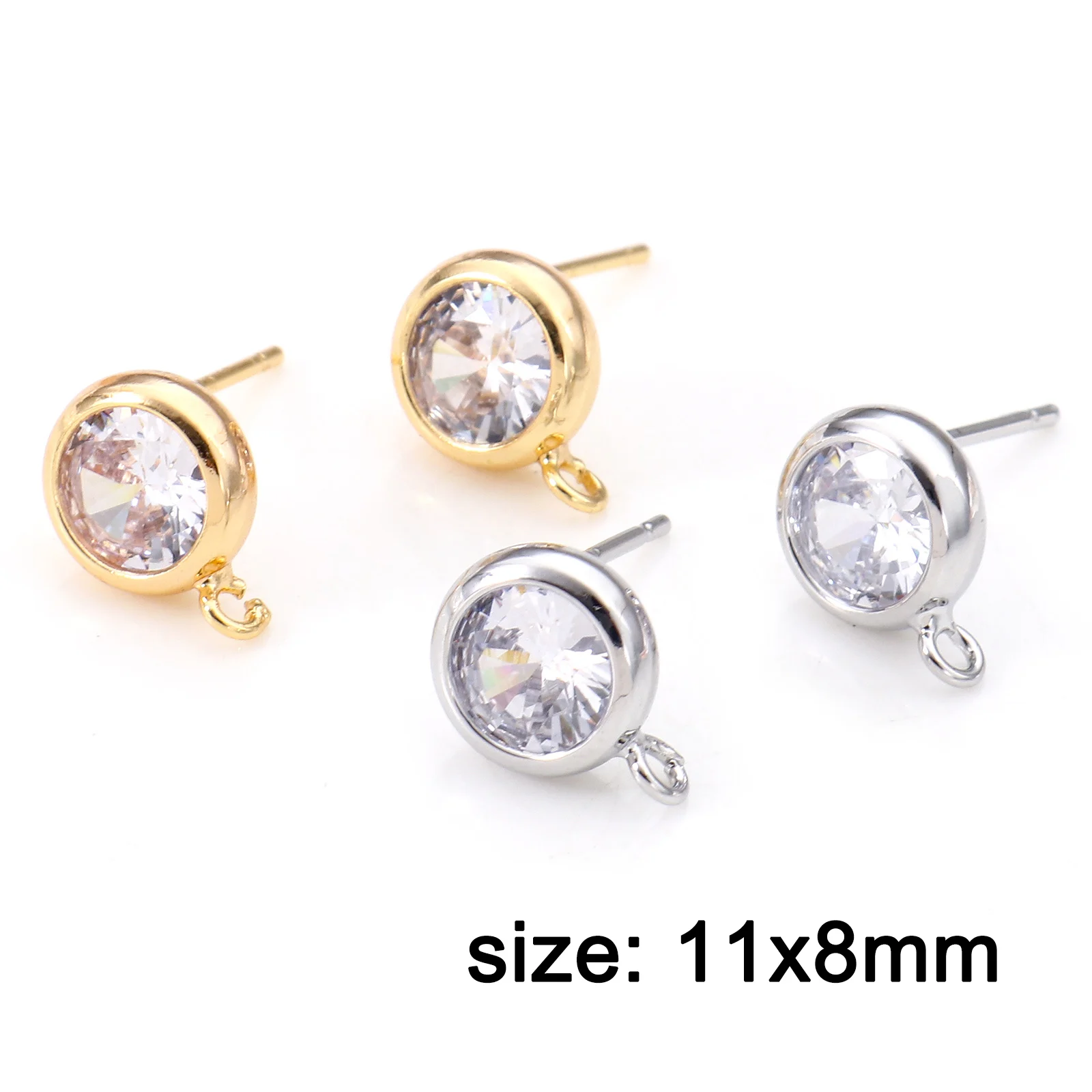 2PCs Copper Ear Post Stud Earrings Gold Color Round With Loop Clear Cubic Zirconia DIY Earrings Women Jewelry Findings 11mmx8mm