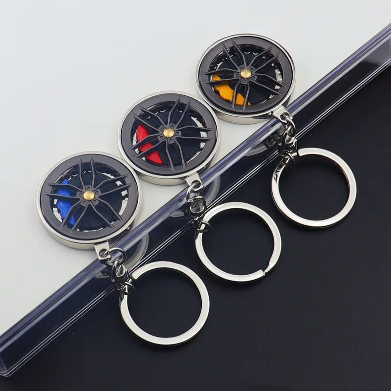 Metal Car Wheels Key Chain Tyre Models Turntable Bearings Rotating Brake Discs Keychain Calipers Brake Disc Key Ring gift