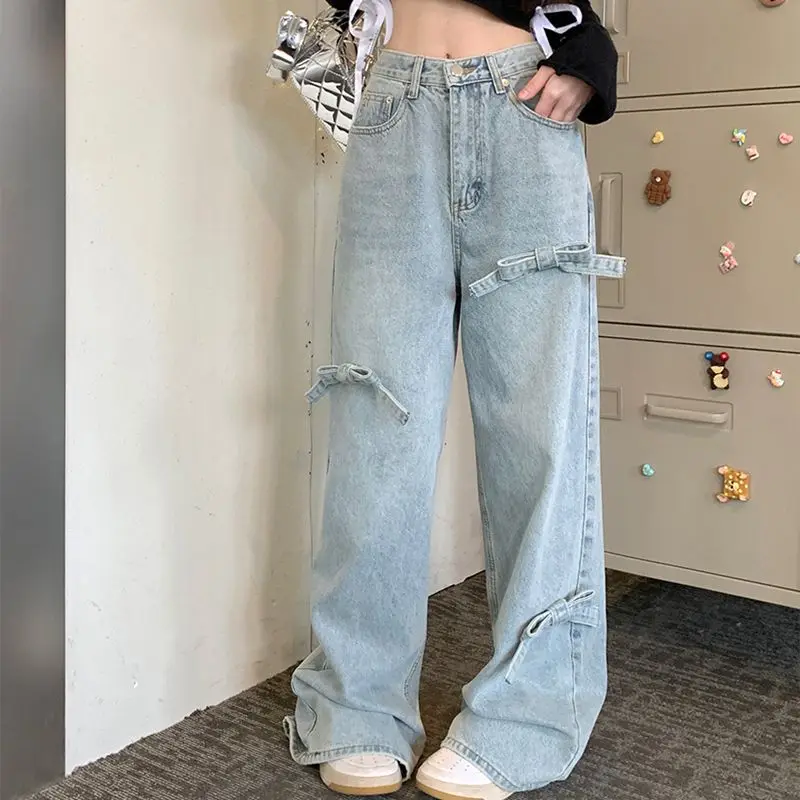 Bow Design Straight Leg Slim Long Jeans Women Denim Pant Plus Size 4XL cute casual 2024 korean cloth y2k e-girl fairycore 2000s