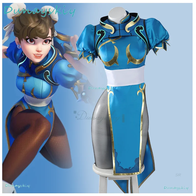 

Игра OW Juno Косплей Костюм Chun-Li Linkage Outfis Сексуальная синяя униформа Cheongsam с высоким разрезом Хэллоуин Карнавальная вечеринка Играть на роли