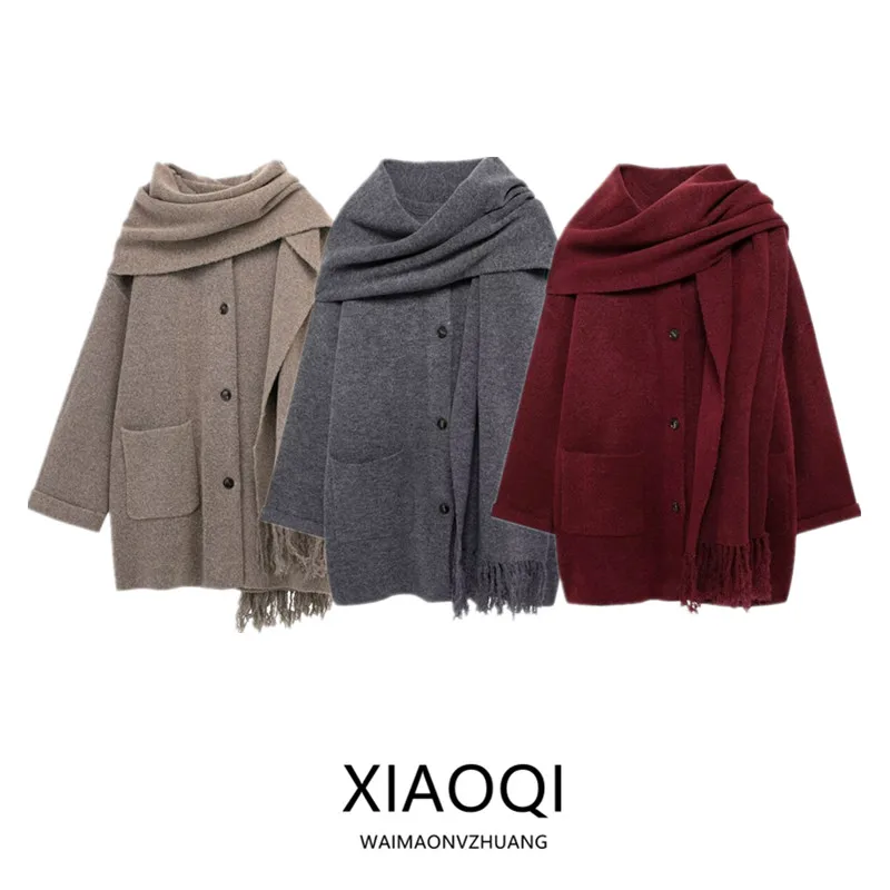 Loose Knitted Short Coat Autumn Winter New Style Women's Fashion Outerwear with Scarf Commute Style Long Sleeve Polyester