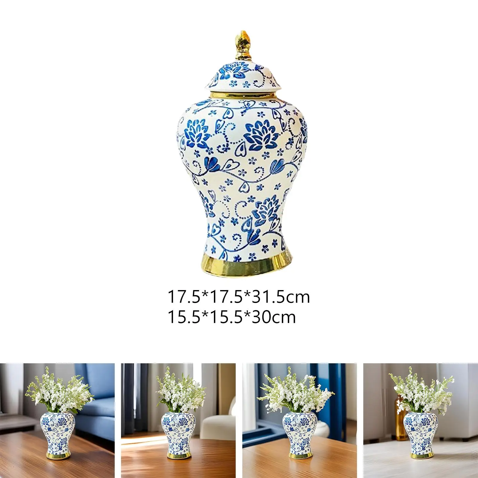 Blue and White Porcelain Ginger Jar Ceramic Vase for Bedroom Entrance Office