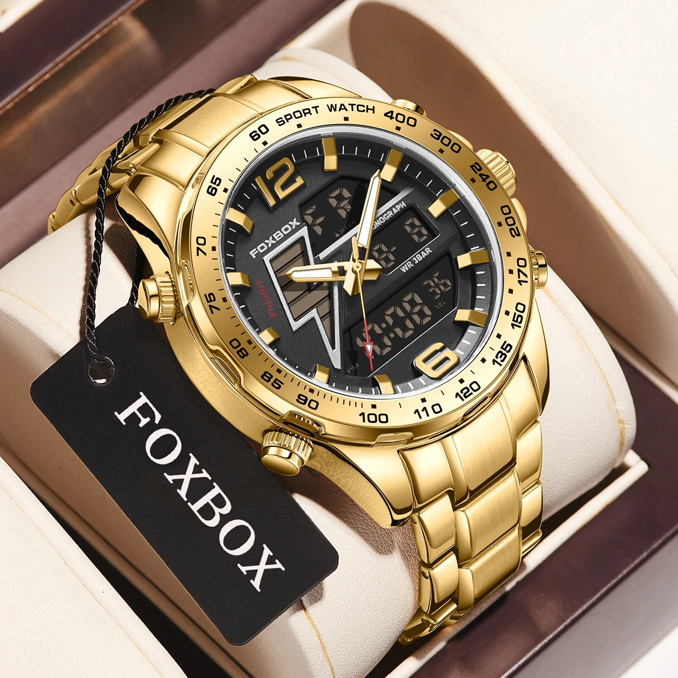 FOXBOX 2025 Top Herrenuhren 30 m wasserdicht Sport Militär Dual Display Uhren männlich Quarz LED