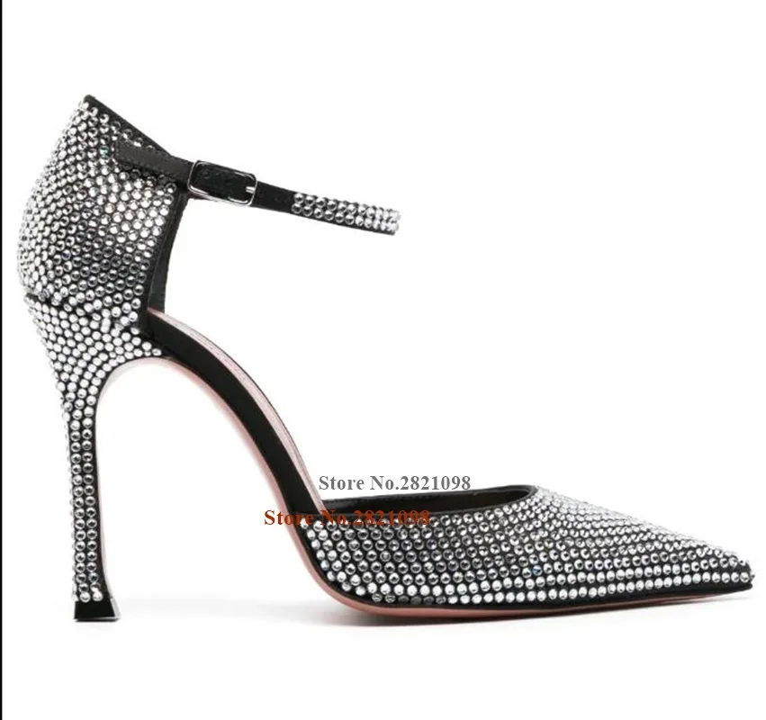 

105Mm Encrusted Crystal-Embellished Pumps Women's Pointed Toe Ankle Strap Think High Heel Party Dress Shoes