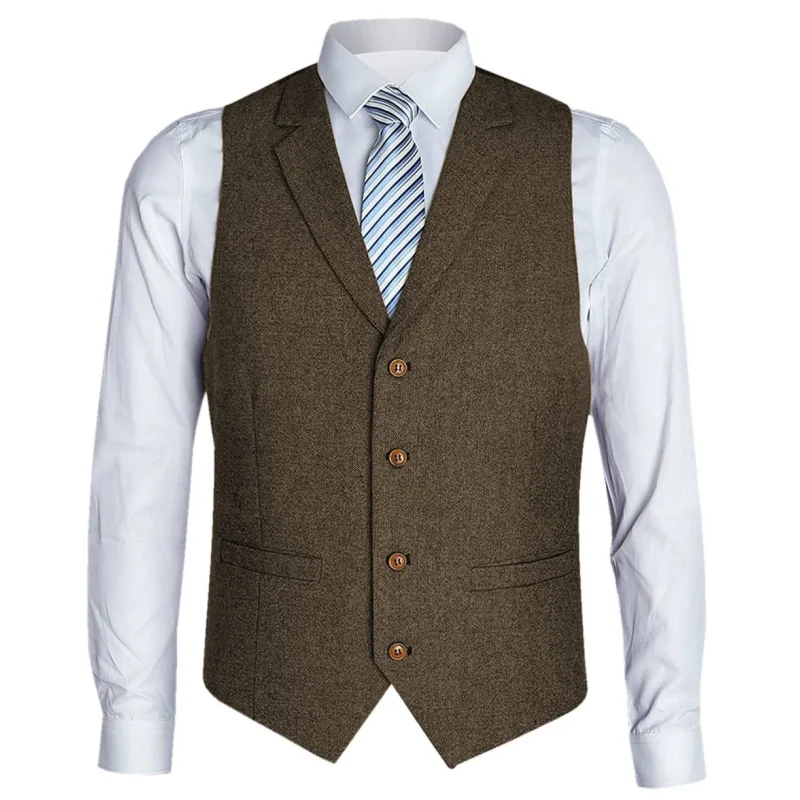 

Men Vest Brown Herringbone Single Button With Lapel Waistcoat For Birthday Wedding Business Banquet Work Men Suit Vest