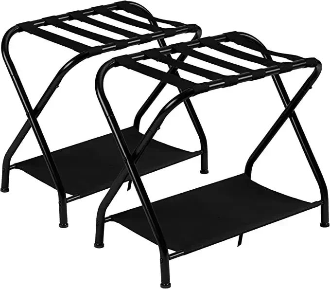 2026 Luggage Rack Steel Folding Suitcase Stand with Storage Shelf for Guest Room Bedroom Hotel,Black